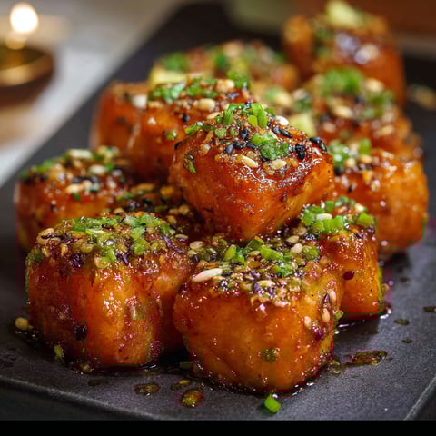 Honey garlic salmon bites on a black plate.