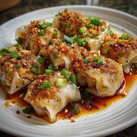 A plate of rice paper dumplings with sauce.