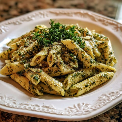 A plate of pasta with pesto sauce.