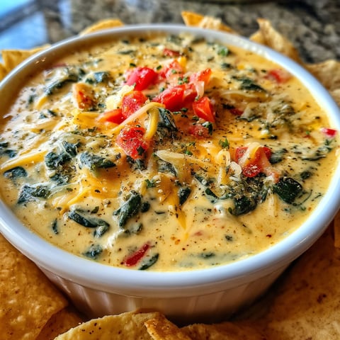 A bowl of spinach queso dip with chips.
