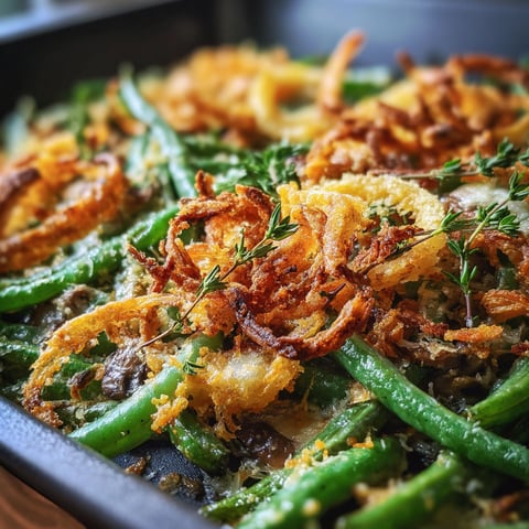 A close up of a green bean casserole with crispy onions.
