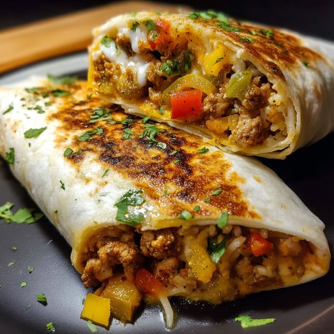 Two burritos filled with ground chicken and vegetables.