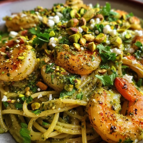 A dish of shrimp and pasta with cilantro and pistachio toppings.