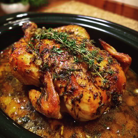 A close up of a chicken in a crock pot.