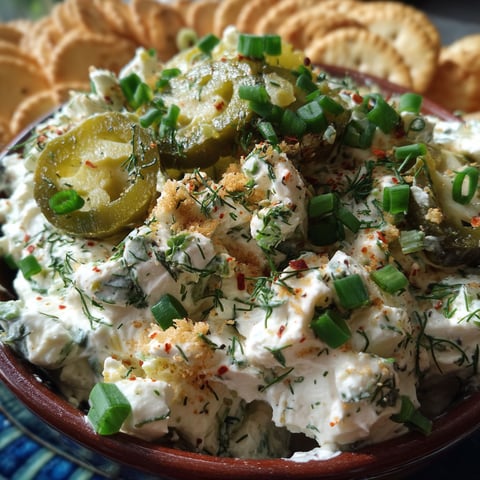 A bowl of spicy dill pickle dip.