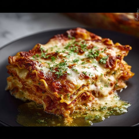 A plate of lasagna with cheese and herbs on top.
