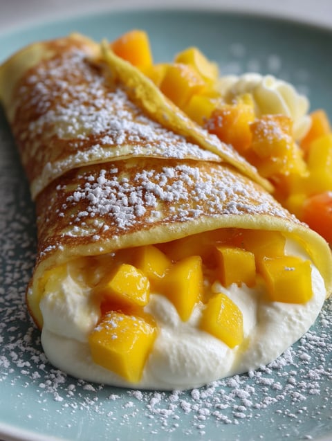 A delicious mango crepe roll recipe.
