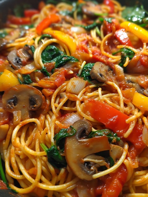 A close up of a delicious vegan one-pot spaghetti recipe.