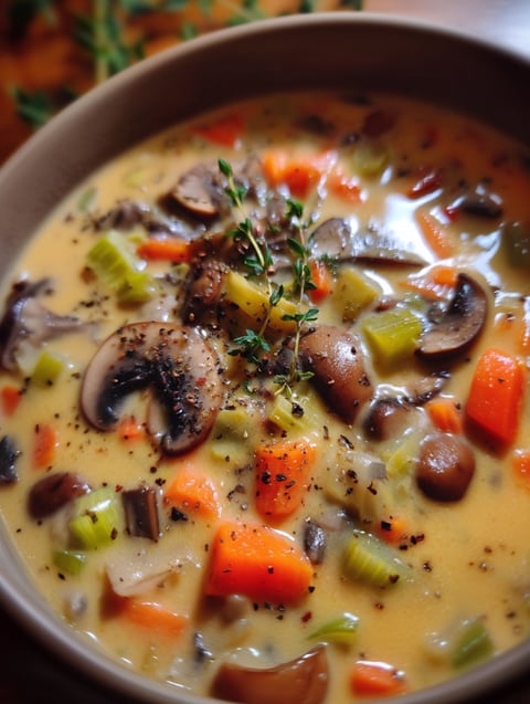 A bowl of soup with mushrooms and carrots.