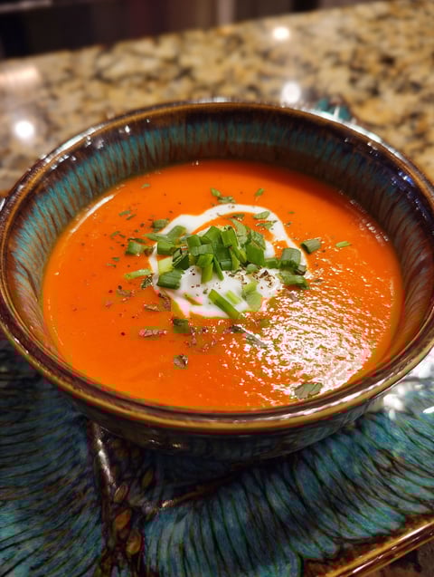 A bowl of soup with green onions on top.