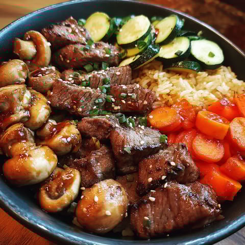 A bowl of food with mushrooms, carrots, and meat.