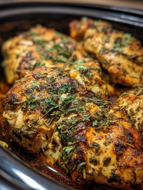 Chicken breasts with herbs in a slow cooker.