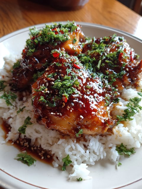 A plate of rice with chicken and sauce.