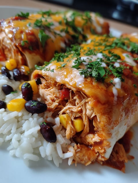 A delicious baked chicken wet burrito recipe.