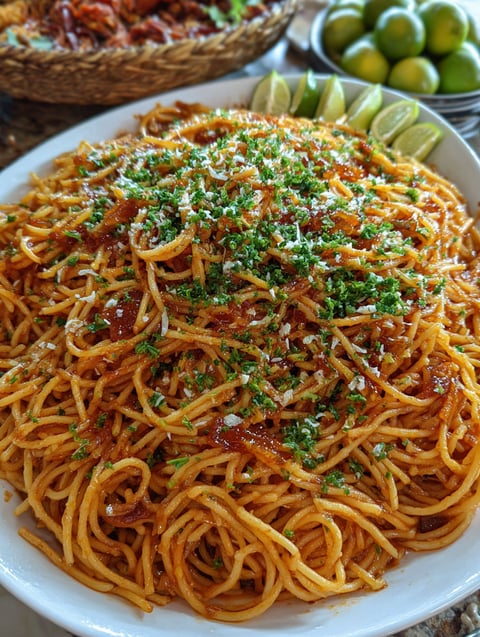 A plate of spaghetti with a sweet sauce.