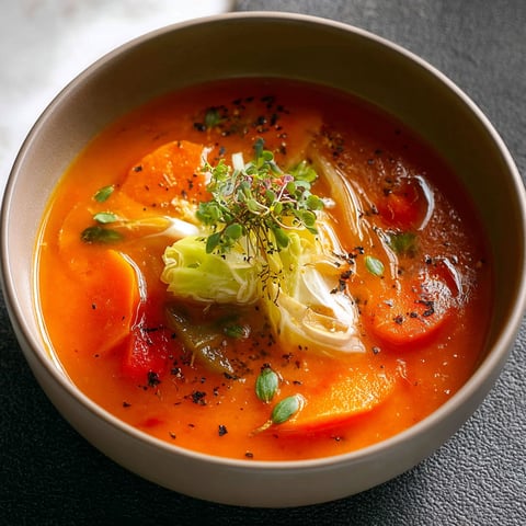 A bowl of soup with vegetables and herbs.