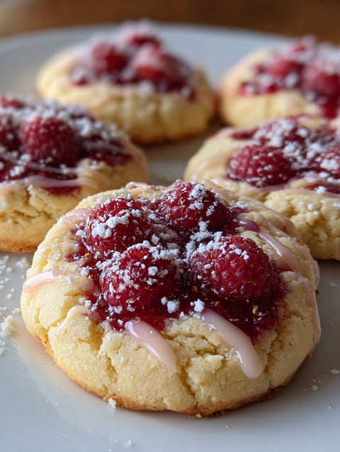 A plate of cookies with raspberries and lemon.