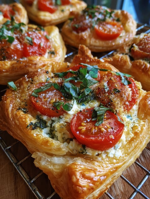 A close up of a tomato tartlet with cheese and herbs.