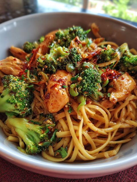 A bowl of spicy garlic chicken and broccoli noodle bowls.
