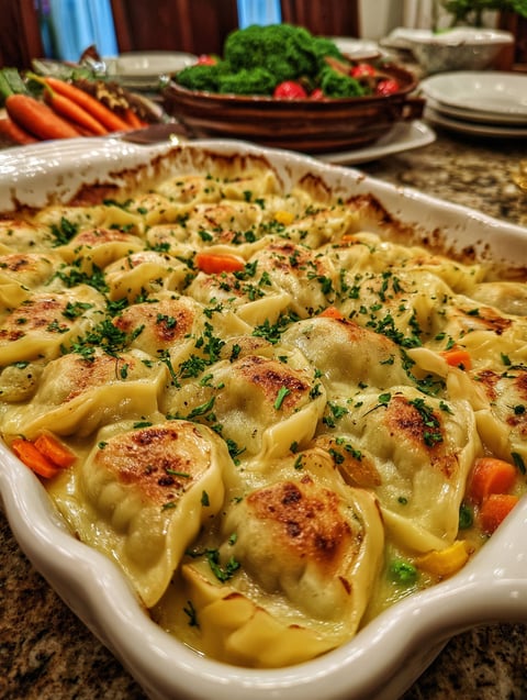 A dish of food with a caption that reads "Viral One Pan Dumplings".