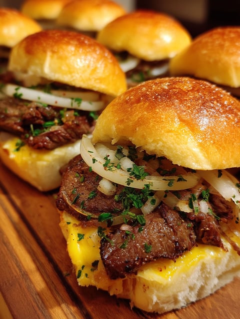 A plate of beef sliders with onions and parsley.