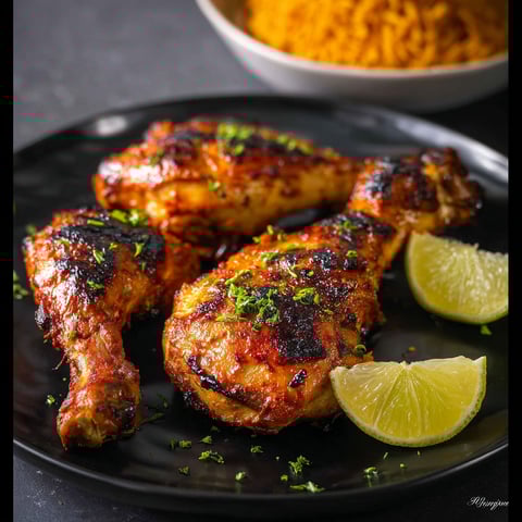 A plate of chicken with lime wedges on the side.